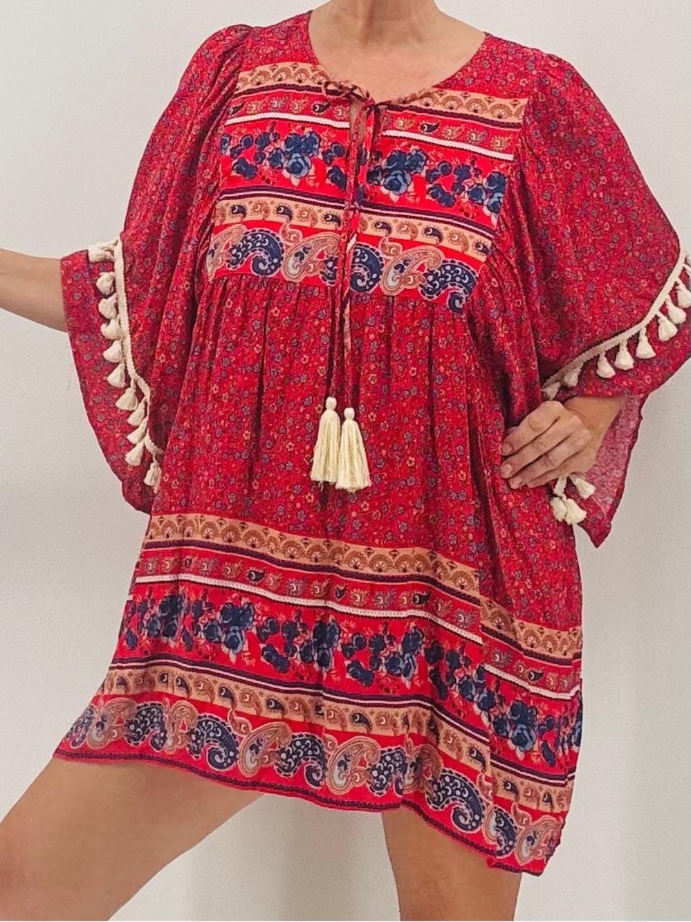 Gigio Boho Resortwear Cruise Beach Summer Tassel Floral Cover Up Babydoll Dress